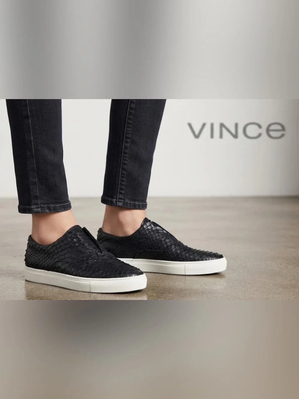 Authentic Vince designer reptile embossed leather platform slip on sneakers 7.5